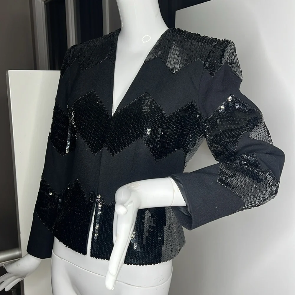Nolan Miller Sz 6 Black Wool and Black Sequins Blazer Jacket